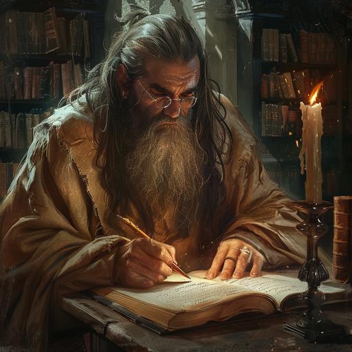 40 year old man, German ethnicity, long grey hair slicked back with many gray roots, beard 4 inches long, wearing burlap robes, wearing pince-nez, sitting on a desk writing a book with a quill, in a room that resembles a monastery library, candlelight, high fantasy setting. hand holding down page --v 6.0