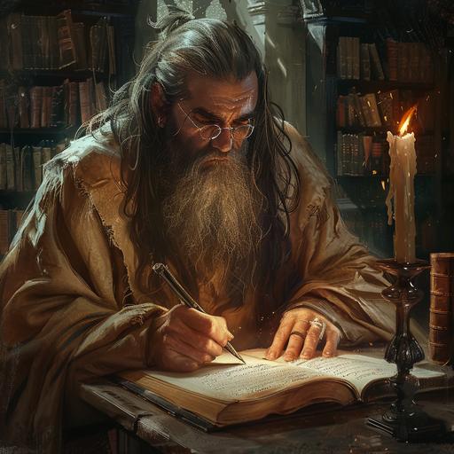 40 year old man, German ethnicity, long grey hair slicked back with many gray roots, beard 4 inches long, wearing burlap robes, wearing pince-nez, sitting on a desk writing a book with a quill, in a room that resembles a monastery library, candlelight, high fantasy setting. left hand holding down page. right hand writing with a quill --v 6.0