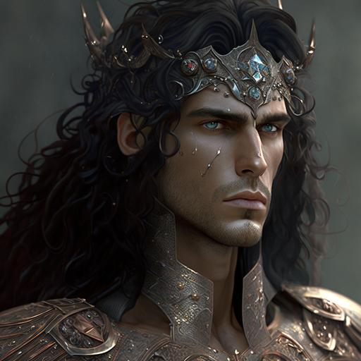 40 year old man, bronze-colored skin, silver-colored eyes, long curly black hair, wearing obisidian plated armor, wearing an opal crown