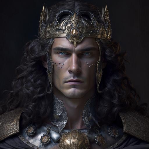 40 year old man, bronze-colored skin, silver-colored eyes, long curly black hair, wearing obisidian plated armor, wearing an opal crown