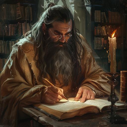 40 year old man, german ethnicity, long black hair slicked back with many gray roots, long beard,wearing burlap robes, wearing pince-nez, sitting on a desk writing a book with a quill, in a room that resembles a monastery library, candlelight, high fantasy setting