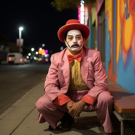 40 year old trans Picardía style street clown dressed like Frida Kahlo and Charlie Chaplin’s tramp, telling jokes, outside at night, in East Los Angeles, wide shot