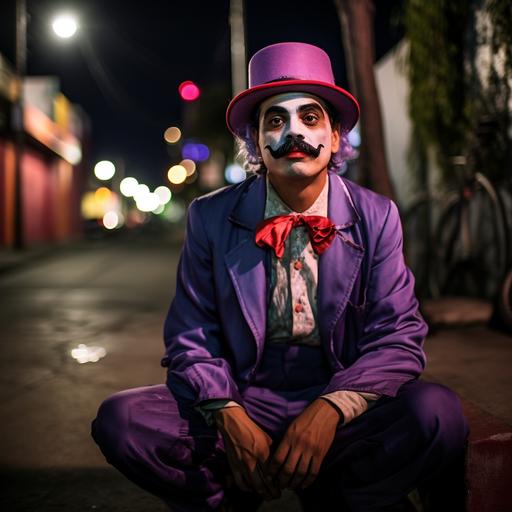 40 year old trans Picardía style street clown dressed like Frida Kahlo and Charlie Chaplin’s tramp, telling jokes, outside at night, in East Los Angeles, wide shot