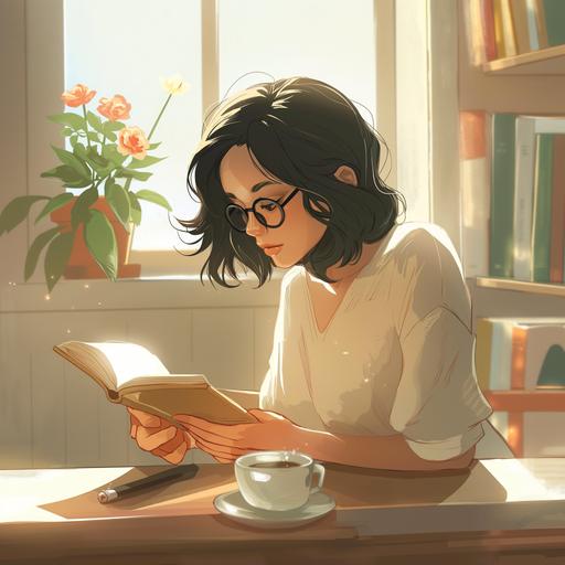40 year old woman, middle-short black hair, wear glasses, reading on the desk in a sunny summer morning, coffee and flower pot on the desk, simple cartoon style --v 6.0