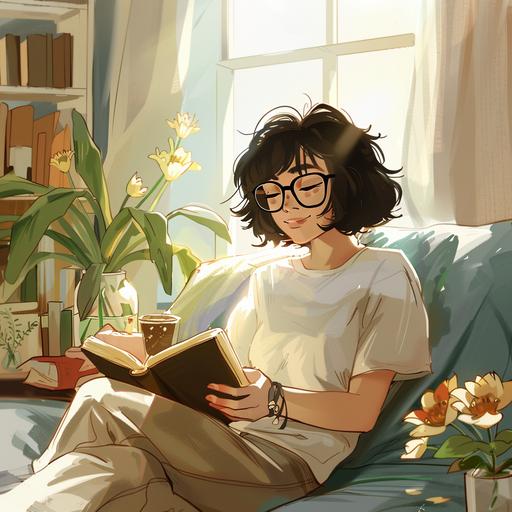 40 year old woman, middle-short black hair, wear glasses, reading on the sofa in a sunny summer morning, relaxing coffee and flower jar on the desk, simple cartoon style