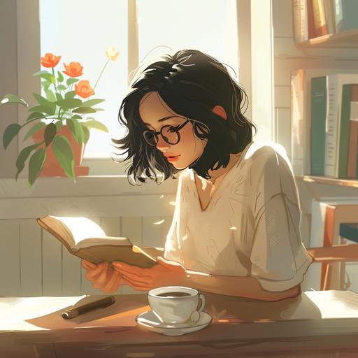 40 year old woman, middle-short black hair, wear glasses, reading on the desk in a sunny summer morning, coffee and flower pot on the desk, simple cartoon style
