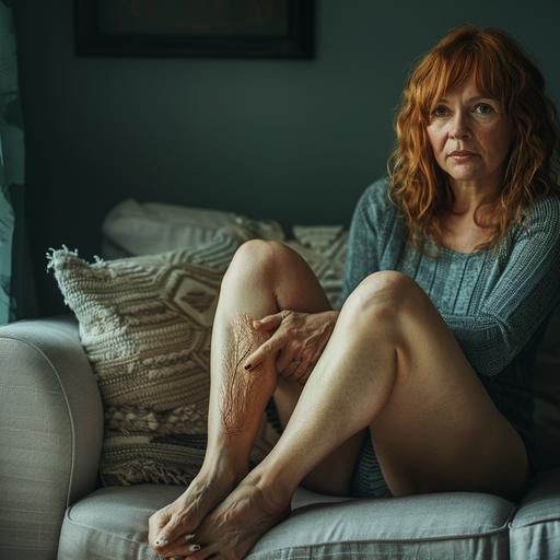 /40 year old woman with sad countenance sitting on modern sofa, looking at swollen legs, with high varicose veins, photorealistic ,clear image #3 4K --v 6.0