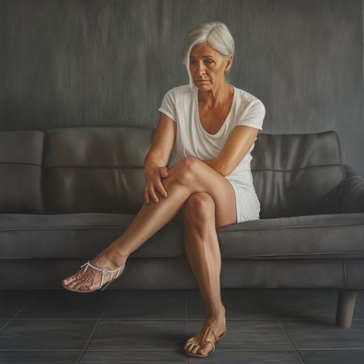 /40 year old woman with sad countenance sitting on modern sofa, looking at swollen legs, with high varicose veins, photorealistic ,clear image #3 4K --v 6.0