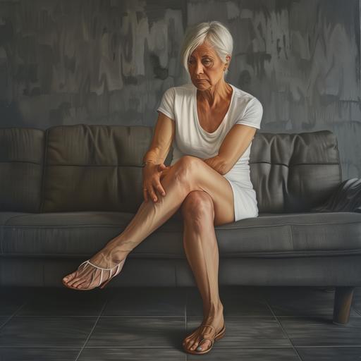 /40 year old woman with sad countenance sitting on modern sofa, looking at swollen legs, with high varicose veins, photorealistic ,clear image #3 4K --v 6.0