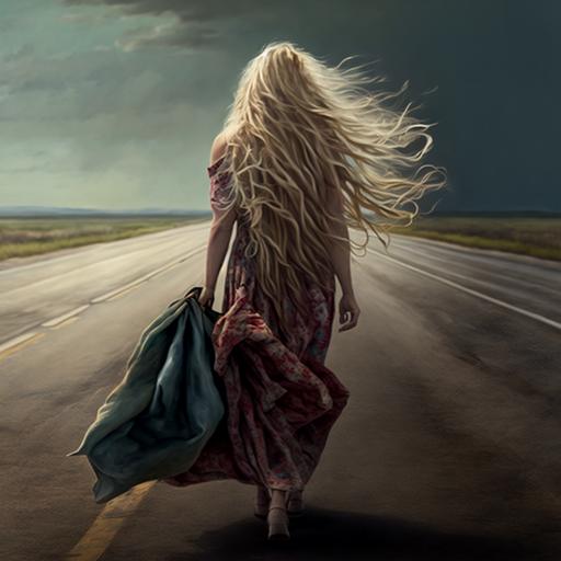 40 years old blonde long hair woman in the wind, walking in a highway leaving all, view from back, no shoes, 8k, hyper realistic, neo, ar 2:5, long dress windy and carry a hippie backpack, portrait, whole body, ultra hd, I want to see feet