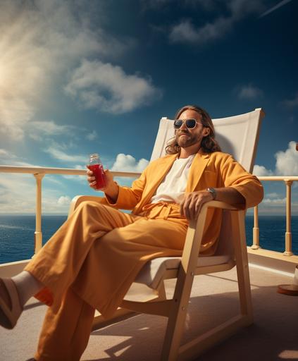 create a photo realistic picture of Jesus Christ relaxing in a beach chair on a cruise ship in a wes anderson film, --ar 5:6