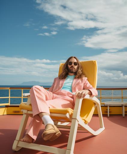 create a photo realistic picture of Jesus Christ relaxing in a beach chair on a cruise ship in a wes anderson film, --ar 5:6
