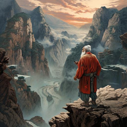 Illustrate the Chinese grandfather standing at the precipice of the river, torn between two unthinkable choices