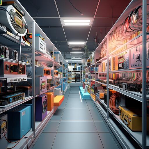 inside of an electrical store, linear, cartoon, 3D