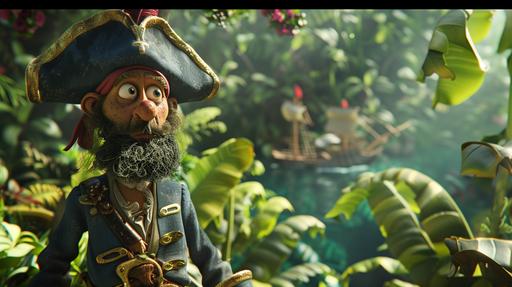 A detailed 3D cartoon showcasing a charismatic pirate in the forefront, guiding his ship through a cartoon mangrove. The pirate's outfit is brightly colored and highly detailed, with a focus on his expressive, adventurous demeanor. Behind him, the mangrove is rendered in exaggerated, vibrant greens and blues, with his playful ship blending into the scene. The lighting enhances the pirate's features and the colorful backdrop, creating a captivating visual narrative. Created Using: 3D cartoon style, foreground character emphasis, detailed expression and attire, vivid environmental design, lighting effects, adventurous atmosphere --ar 16:9 --v 6.0