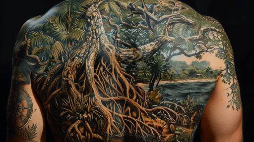 A photorealistic image of an intricate tattoo covering the back of a person, featuring a dense mangrove with intertwined roots and lush foliage, seamlessly integrating a detailed treasure map. The tattoo showcases exceptional craftsmanship, with the mangrove's natural beauty and the map's aged appearance. Shadows and highlights are skillfully used to create depth and texture, making the tattoo appear lifelike. The person's back serves as a canvas, emphasizing the art's permanence and the adventurous spirit it represents. Created Using: high-resolution detail, realistic tattoo art style, depth of field effect, natural color palette, shadow and light play, aged map aesthetics --ar 16:9 --v 6.0