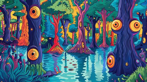 A vibrant illustration of a mangrove interpreted in the iconic style of Matt Groening. The scene is filled with exaggerated, cartoonish trees with large, expressive eyes on their trunks, set against a backdrop of bright, unnatural colors that evoke a sense of whimsy. The water is a vivid blue, dotted with playful fish characters that bear Groening's signature animation style. The overall atmosphere is one of lighthearted fun, blending the natural beauty of a mangrove with the quirky, humorous aesthetic associated with Groening's work. Created Using: Groening-inspired cartoon style, exaggerated environmental features, vibrant color palette, characterful fauna, whimsical atmosphere --ar 16:9 --v 6.0