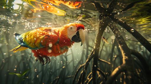 Medium shot of a vibrant parrot, its feathers a kaleidoscope of colors, whimsically swimming on its back through the serene waters of a mangrove. This surreal scene blends the natural beauty of the mangrove's dense foliage and twisted roots with the unexpected sight of the parrot enjoying a leisurely backstroke. The water mirrors the sky above, dappled with sunlight filtering through the canopy, casting a soft, luminous glow on the parrot's bright plumage. The mangrove is alive with insects buzzing and animals peeking from their habitats, drawn to the spectacle yet living in harmony with this unusual swimmer. This image captures a moment of pure joy and freedom, showcasing the mangrove as a place of endless wonder and the parrot as a symbol of nature's playful spirit. The technical basis for this image involves sophisticated CGI to render the fluid dynamics of water and the detailed texture of the parrot's feathers, with a focus on achieving a photorealistic portrayal of this whimsical scenario. Lighting enhances the vivid colors of the parrot and the lush greenery of the mangrove, creating a vibrant, dynamic atmosphere. The style is a blend of magical realism and nature documentary, offering a glimpse into a world where the boundaries between the wild and the whimsical blur, inviting viewers to suspend disbelief and immerse themselves in the beauty of the natural world --ar 16:9 --v 6.0 --stylize 250