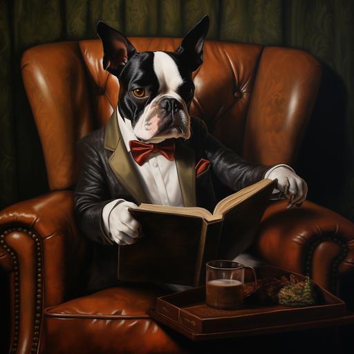 a boston terrier dog in a suit and bow tie sitting in a leather sofa chair reading an old book in one paw and drinking a cup of tea in the other paw. He is enjoy the book. Hyperrealistic.