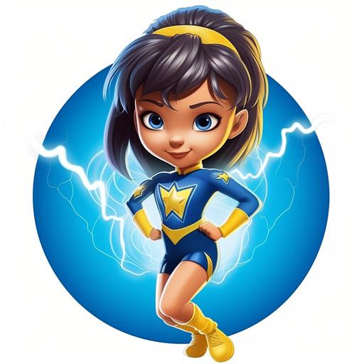 dynamic exciting lightning 10year old girl cartoon character, cheerleader, blue and yellow colors, round design, --v 5.2