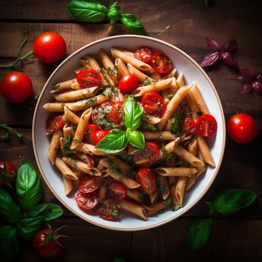 Tomato and basil wholemeal penne with fresh cut tomatoes, garlic, fresh basil and olive oil in a round white plate over a walnut wood table, natural light. Top view, high definition realistic photography. Instagram story