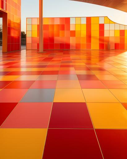 an image of yellow, red, orange tile flooring on a playground, in the style of vibrant color gradients, modular design, glazed surfaces, bold chromaticity, architectural grids, flat surfaces --ar 4:5