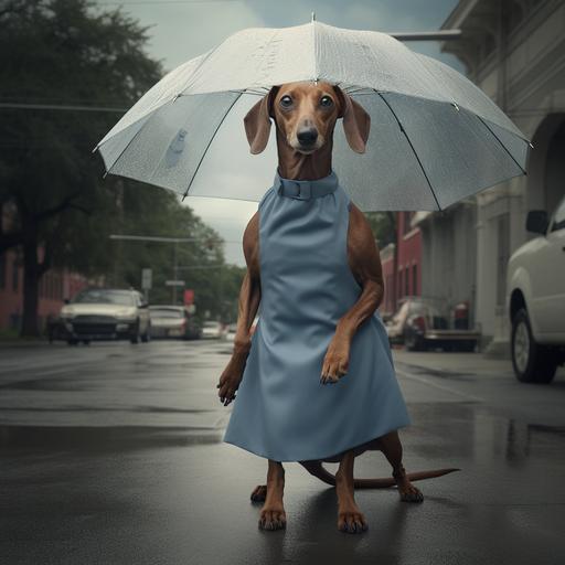 A DOG, SAUSAGE, DRESSING, BLUE DRESS, HEELS, ON THE RAIN, AR--3:4
