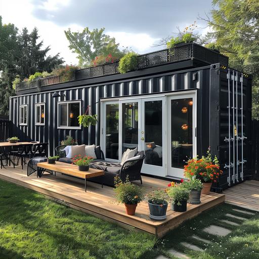 40ft shipping container home. Black exterior and white windows frame. Roof patio and cozy garden --s 250 --v 6.0