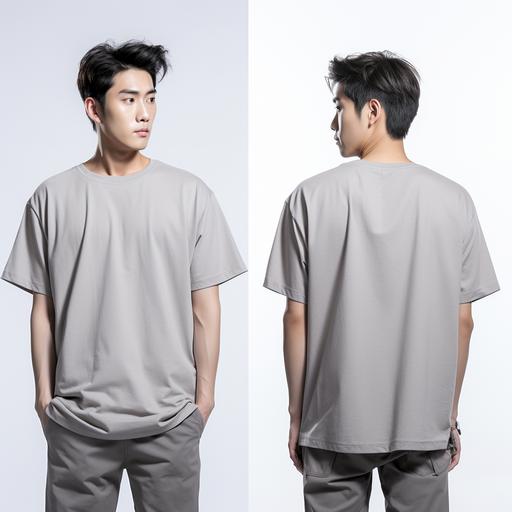 Korean men model wearing gray Tshirt with white background standing front and back