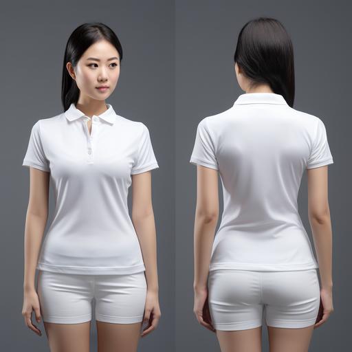 asian girl model walking in white Polo shirt front and back