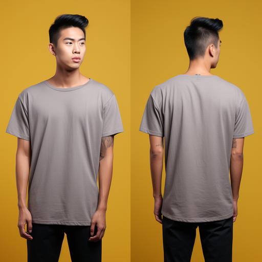 gray Tshirt asian model front and back standing in yellow blackground