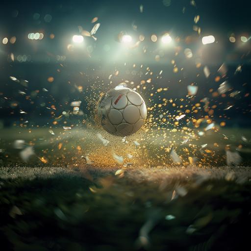 football stadion by a Fuji camera, where ball is white flying to make a goal. a lot of lights behinde_pilaf__ zoom to ball, premium look gold colors, zoom on ball --v 6.0