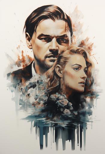 Leonardo Dicaprio and Kate Winslet on a Titanic movie poster using sumi-e --ar 13:19