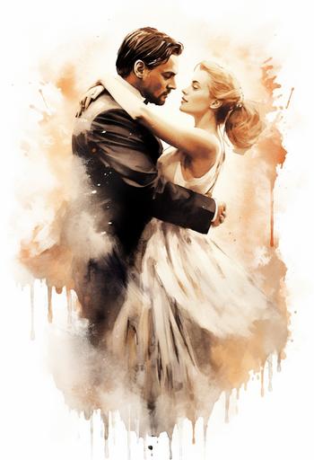 Leonardo Dicaprio and Kate Winslet on a Titanic movie poster using sumi-e --ar 13:19