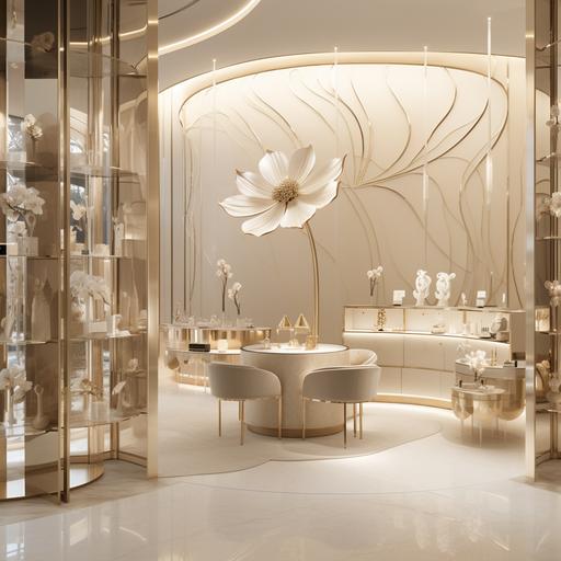a high end jewellery store with interiors inspired from the shape of a lotus flower.The furniture has champagne gold accents and there is a central waterbody feature. The jewellery displays are minimal and modern.