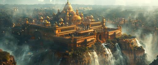 an bird eye view of a fanatsy Umaid Bhawan::3 rises majestically from the earth as a huge kingdom Constructed from stone quarried stands on a big mountain cliff::2 top from the depths of enchanted mountains surrounded by water 3 sides and a tall straight bridge in the front of thr kingdom , whole look in the style of tollywood film bahubali and at the down the mountain depth many indian villages huts tatched roofs are surrounded and clouds above the surrounding area and behind the castle huge tall mountains and a great waterfalls are layered as a beautiful landscape , and nearby villages down the hill in the style of photorealistic renderings, terraced cityscapes, transavanguardia, reimagined by industrial light and magic, hellenistic art, 8k, seaside vistas --ar 22:9 --stylize 550 --v 6.0