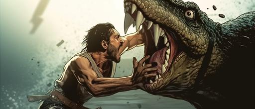cinematic realistic shot of indian barbarian warrior man bravely opening crocodile mouth upper and lower jaws with his two hands hands in opposite direction mouth opening in a war with crocodile --ar 21:9 --v 5.2