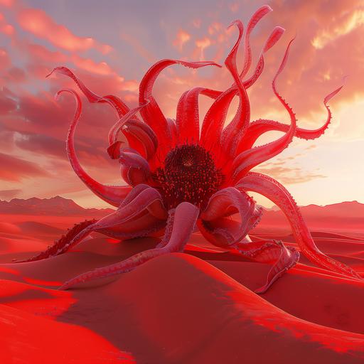 cinematic view, point of view in the middle of the dunes, desert location, all red palette, there is a giant flower in the center with tentacles that always come out in various shades of red, the flower has enormous dimensions, a bit of a Tim Burton-esque world --style raw --v 6.0