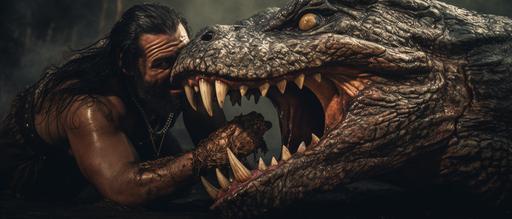 photo realistic cinematic shot indian barbarian warrior putting a rotten wooden plank piece inside a crocodile mouth in a vertical direction between upper and lower jaws with his hands --ar 21:9 --v 5.2