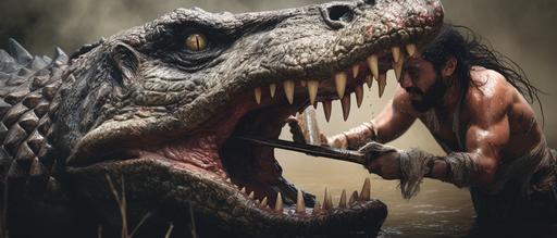 photo realistic cinematic shot indian barbarian warrior putting a rotten wooden plank piece inside a crocodile mouth in a vertical direction between upper and lower jaws with his hands --ar 21:9 --v 5.2