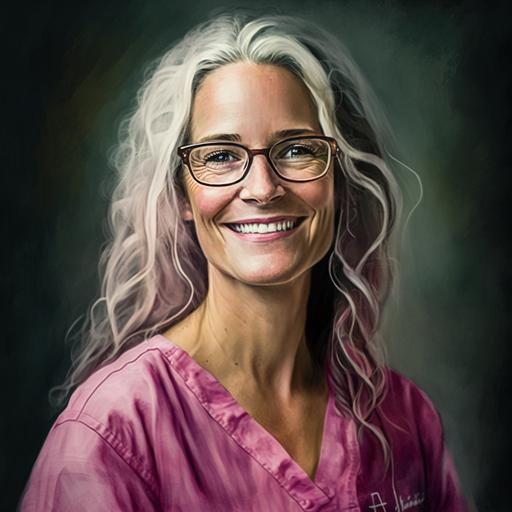 42 year-old woman with glasses smiling, long blond and gray hair, front view and her head tilted slightly to her right side. smiling, pink nursing gown.