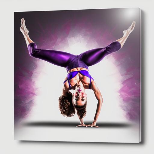 42 years old gymnast flip back handspring realistic purple woman brown hair eyes with bright light gym