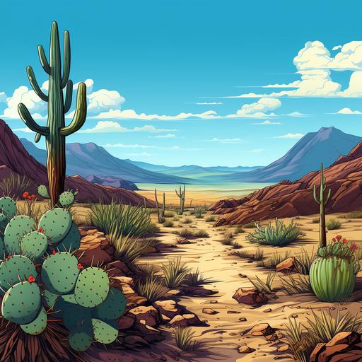 a cartoon drawing of death valley with blue skies and some cactus plants
