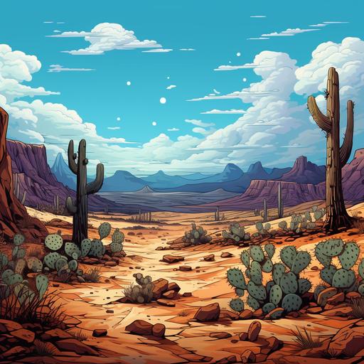 a cartoon drawing of death valley with blue skies and some cactus plants