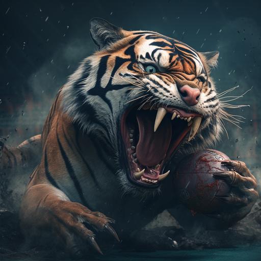 hyperrealistic image of a bengal tiger eating a shark on a rugby field