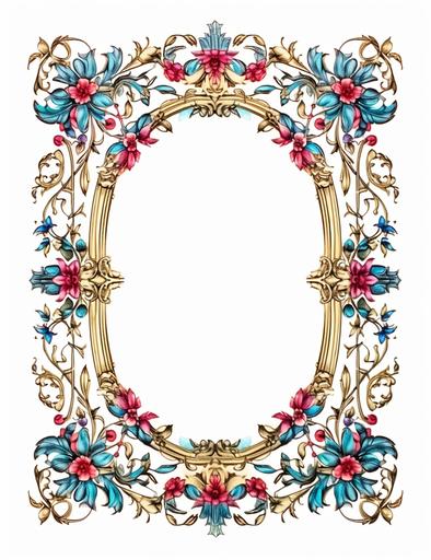 Victorian rectangular empty decorative frame engraving, 2d flat, white background::1.1 primary blue, red, green colors, title page, full page border, treasure, gold, silver, gems, leaf, scroll, vine, ornament, calligraphic, symmetrical, guilded age ::1 no pen, paper, book, desk::-1.5 --ar 17:22