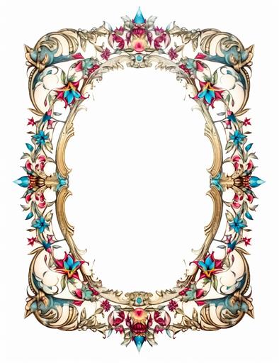 Victorian rectangular empty decorative frame engraving, 2d flat, white background::1.1 primary blue, red, green colors, title page, full page border, treasure, gold, silver, gems, leaf, scroll, vine, ornament, calligraphic, symmetrical, guilded age ::1 no pen, paper, book, desk::-1.5 --ar 17:22