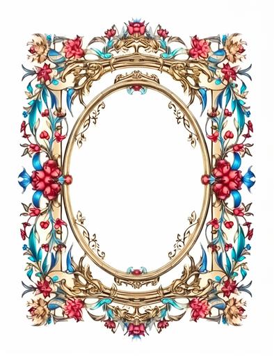 Victorian rectangular empty decorative frame engraving, 2d flat, white background::1.1 primary blue, red, green colors, title page, full page border, treasure, gold, silver, gems, leaf, scroll, vine, ornament, calligraphic, symmetrical, guilded age ::1 no pen, paper, book, desk::-1.5 --ar 17:22