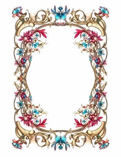 Victorian rectangular empty decorative frame engraving, 2d flat, white background::1.1 primary blue, red, green colors, title page, full page border, treasure, gold, silver, gems, leaf, scroll, vine, ornament, calligraphic, symmetrical, guilded age ::1 no pen, paper, book, desk::-1.5 --ar 17:22