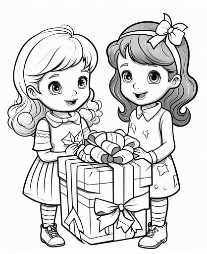 black and white coloring page for kids, colorful, little girls, friends, christmas aesthetic, happy, smiling, excited, opening presents, cartoon style, thick lines, low detail, no shading --ar 9:11